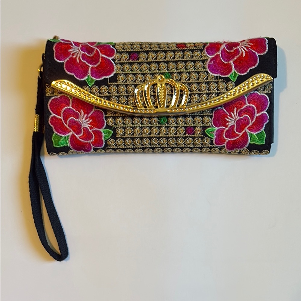 Black and Red Floral Embroidered Clutch with Wristlet